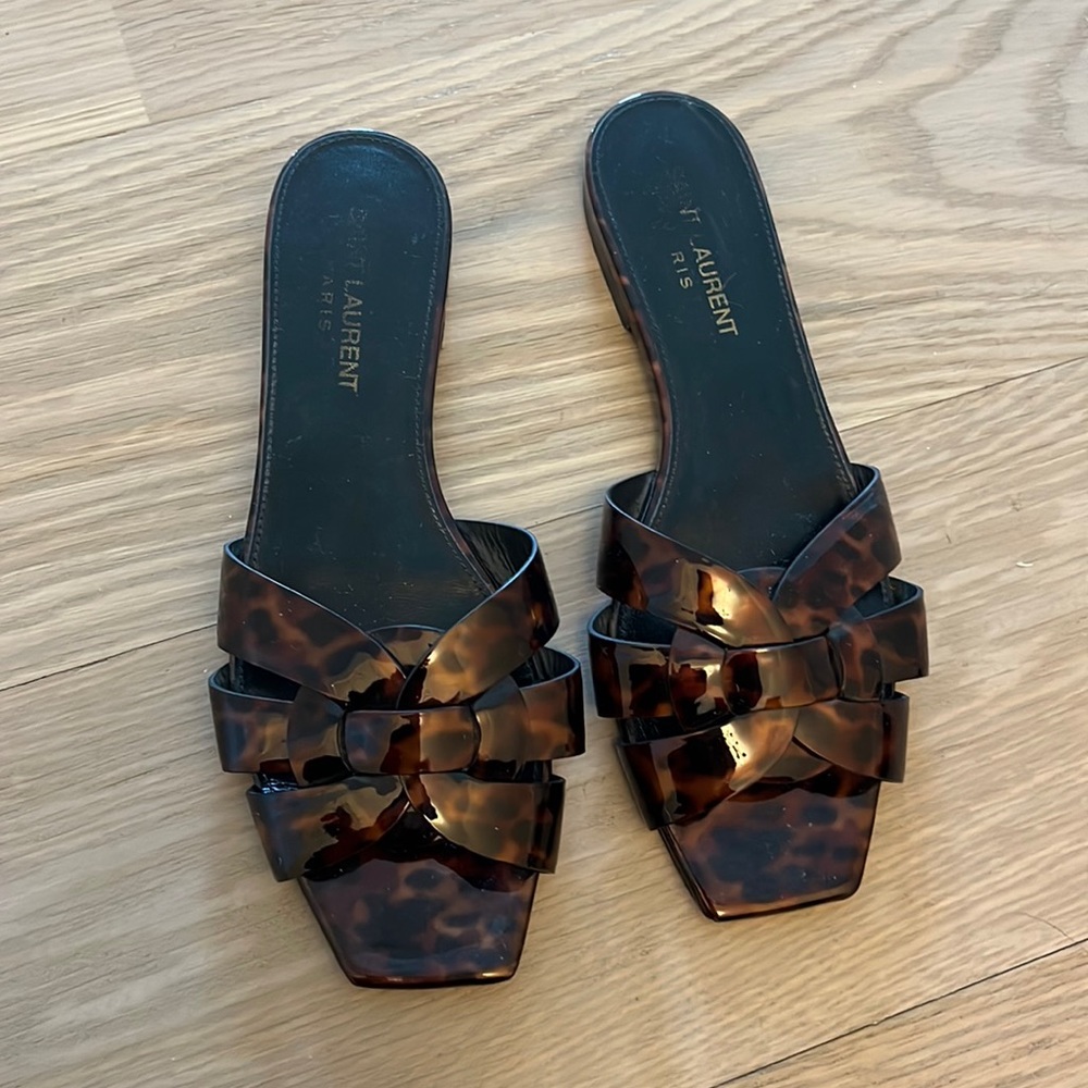 YSL YVES SAINT LAURENT TRIBUTE BROWN BLACK FLAT SANDALS SZ 36 6